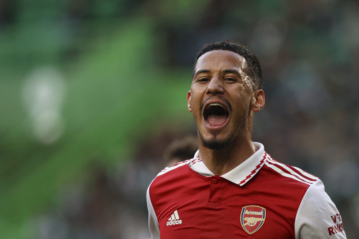 Arsenal's French defender William Saliba celebrates after scoring his team's first goal during the UEFA Europa League last 16 first leg football match between Sporting CP and Arsenal. (Photo by FILIPE AMORIM / AFP)