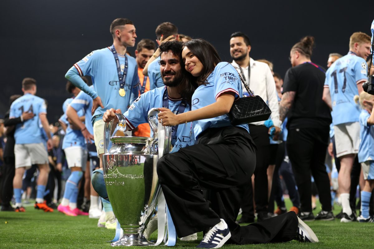 Ilkay Guendogan of Manchester City and his partner Sara Arfaoui celebrate with the UEFA Champions League trophy. (Photo by Michael Steele/Getty Images)