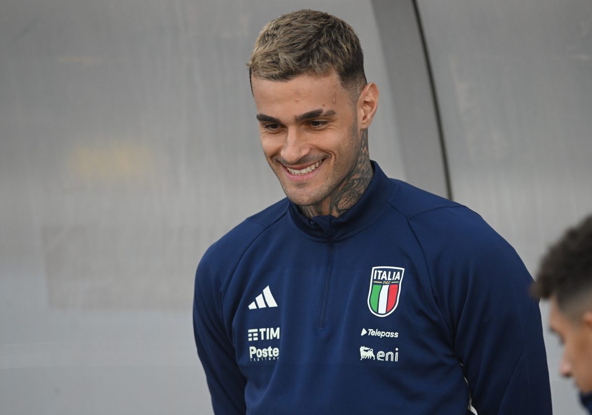 Gianluca Scamacca of Italy looks on during a Italy training session. (Photo by Claudio Villa/Getty Images)