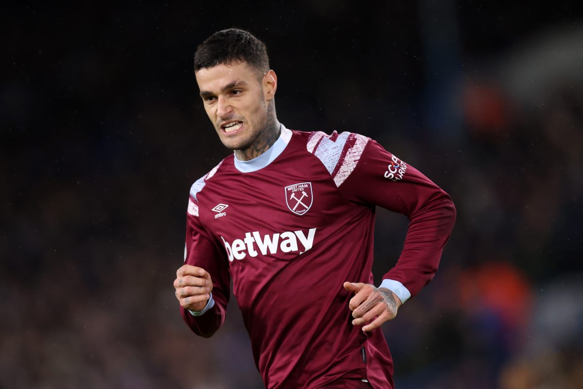Gianluca Scamacca of West Ham United looks on during the Premier League match against Leeds United. (Photo by George Wood/Getty Images)