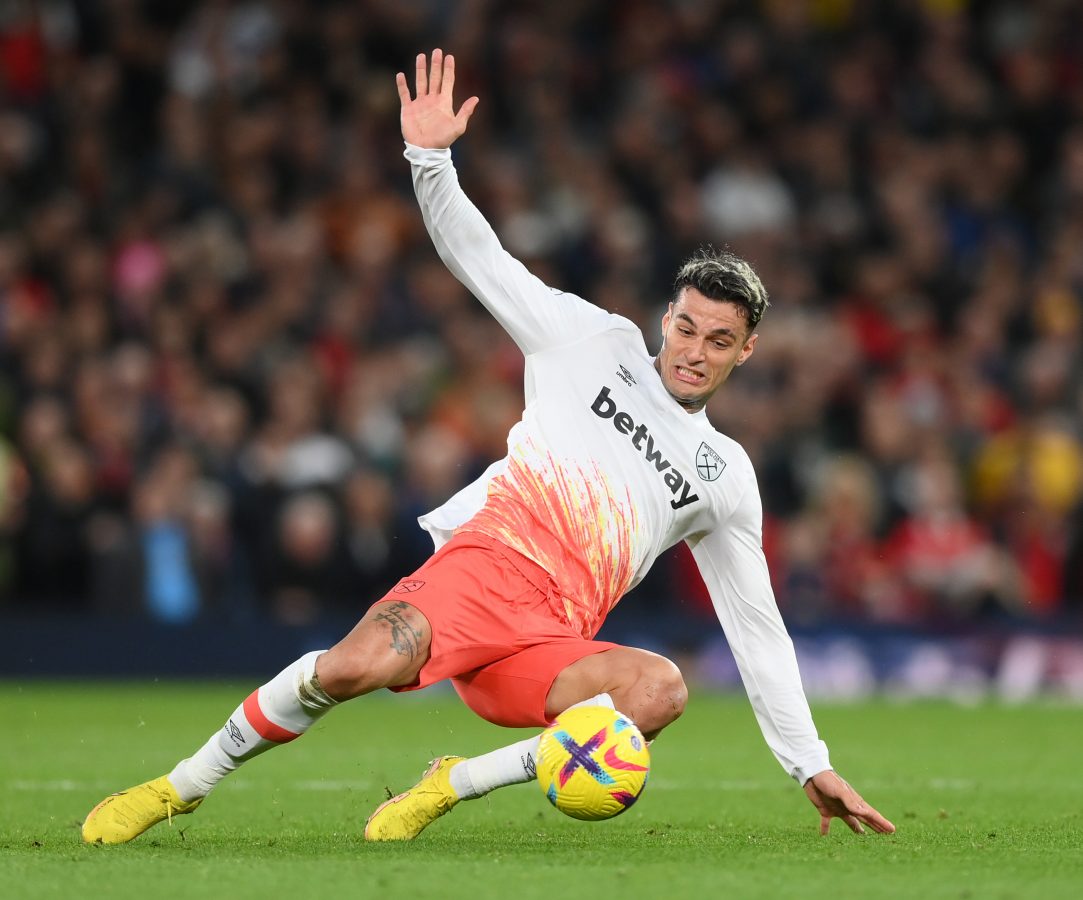 Gianluca Scamacca of West Ham United stretches for the ball during the Premier League match between Manchester United and West Ham United. (Photo by Shaun Botterill/Getty Images)