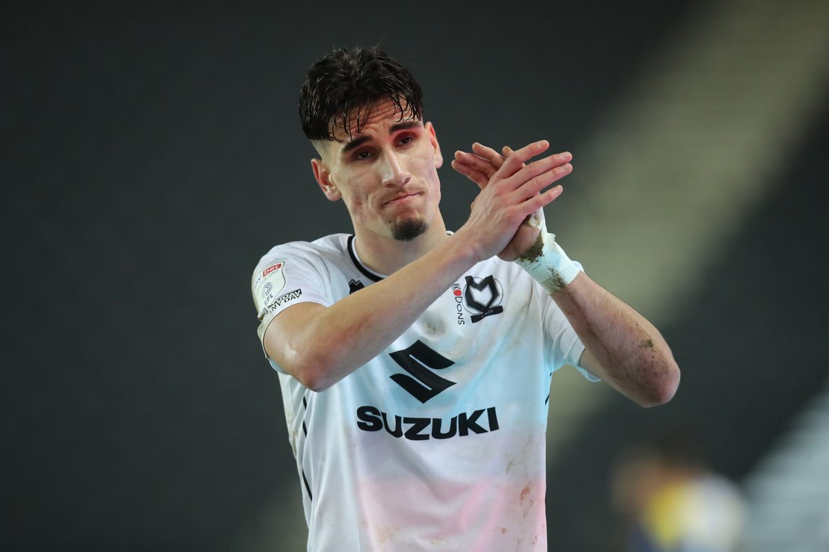 Theo Corbeanu of Milton Keynes Dons applauds the crowd as he leaves the pitch after being substituted during the Sky Bet League One match between Milton Keynes Dons and AFC Wimbledon. (Photo by Pete Norton/Getty Images)