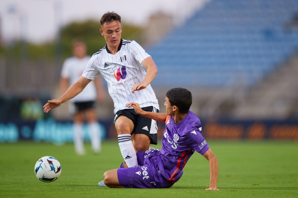 Belahyane of Nice competes for the ball with Luke Harris of Fulham during the Trofeu do Algarve match between OGC Nice and Fulham . (Photo by Fran Santiago/Getty Images)