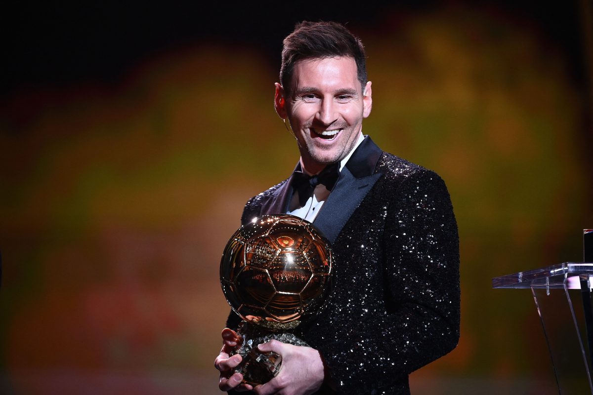 Lionel Messi with his 7th Ballon d'Or. (Photo by FRANCK FIFE/AFP via Getty Images)