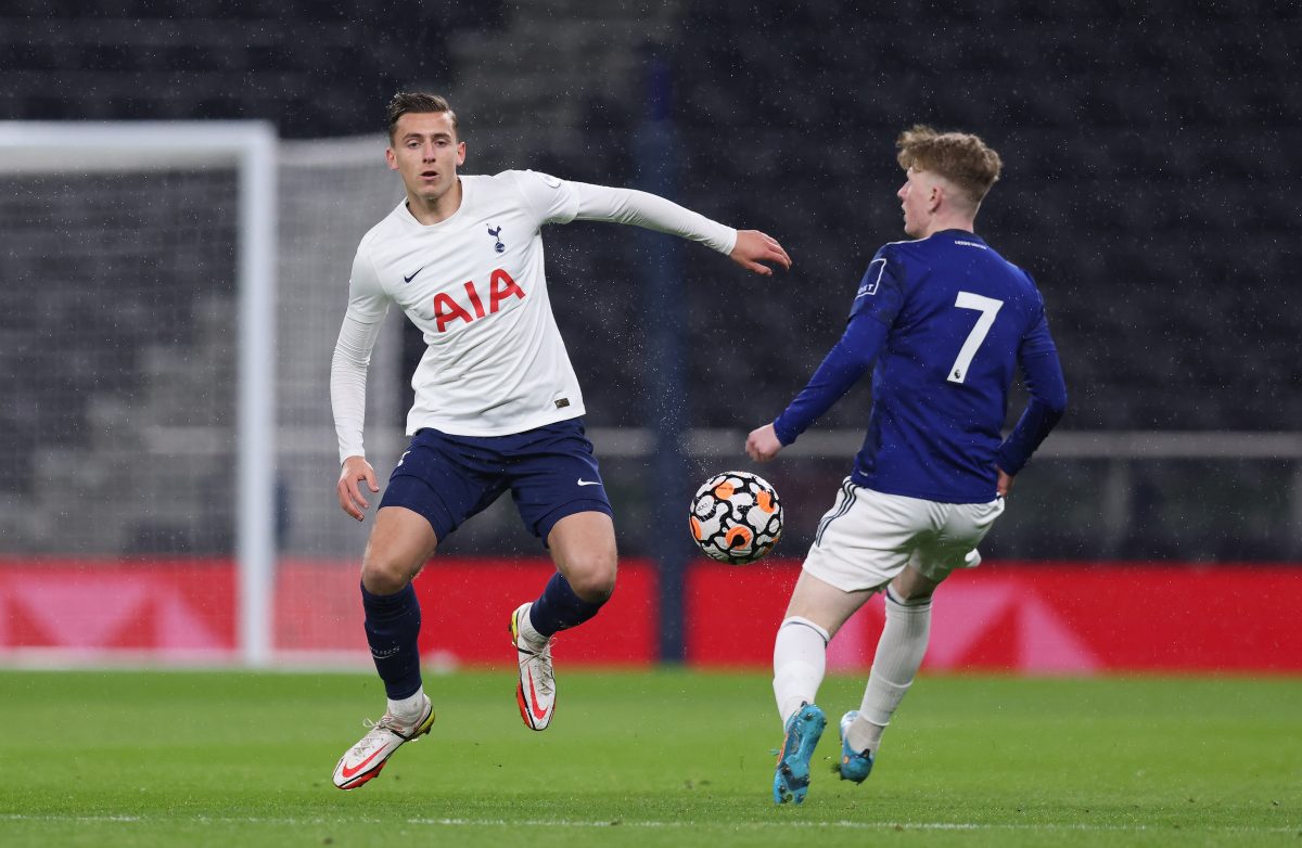 Charlie Sayers of Tottenham Hotspur in action during the Premier League 2 match between Tottenham Hotspur U23 and Leeds United U23. (Photo by Alex Morton/Getty Images)