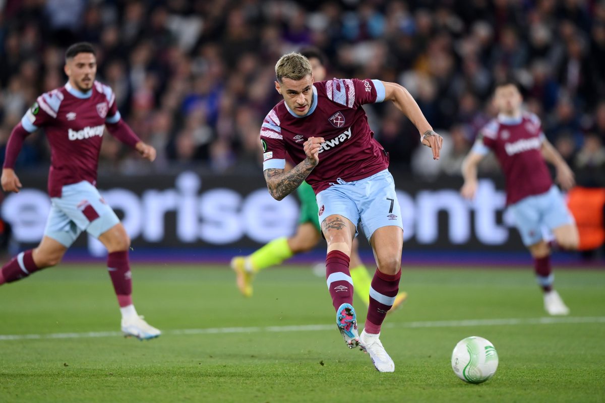 Gianluca Scamacca of West Ham United has a net worth of £5.4 Million. (Photo by Justin Setterfield/Getty Images)