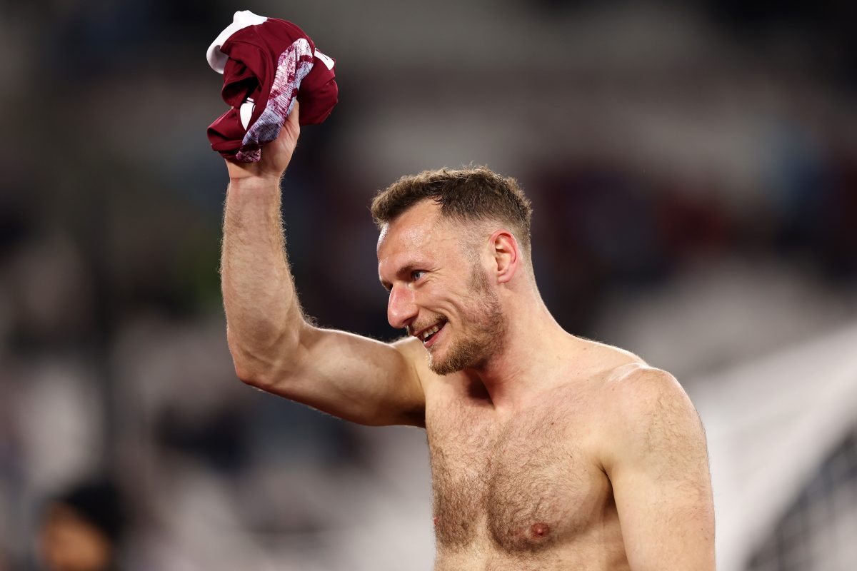 Vladimir Coufal of West Ham United celebrates following his team's victory during the UEFA Europa Conference League Quarterfinal Second Leg match between West Ham United and KAA Gent. (Photo by Alex Pantling/Getty Images)