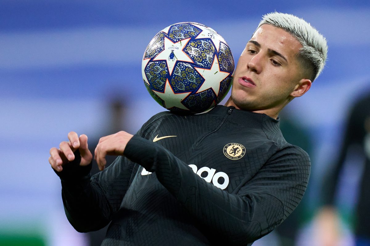 Enzo Fernandez of Chelsea FC warms up prior to the UEFA Champions League quarterfinal first leg match between Real Madrid and Chelsea FC. (Photo by Angel Martinez/Getty Images)