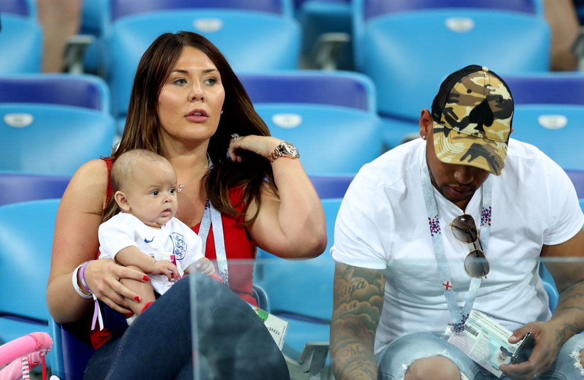 Ashley Young of England's wife, Nicky Pike, and child, look on prior to the 2018 FIFA World Cup.  (Photo by Alex Morton/Getty Images)