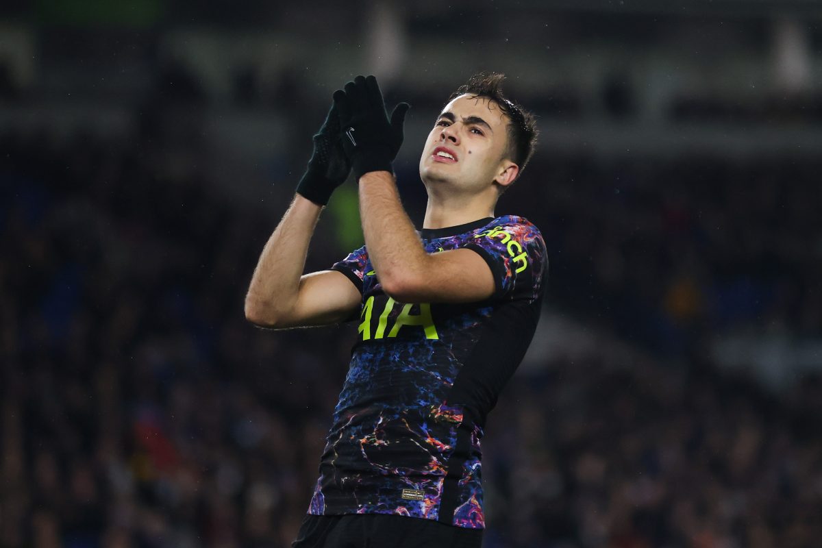 Sergio Reguilon of Tottenham Hotspur reacts during the Premier League match between Brighton & Hove Albion and Tottenham Hotspur. (Photo by Julian Finney/Getty Images)
