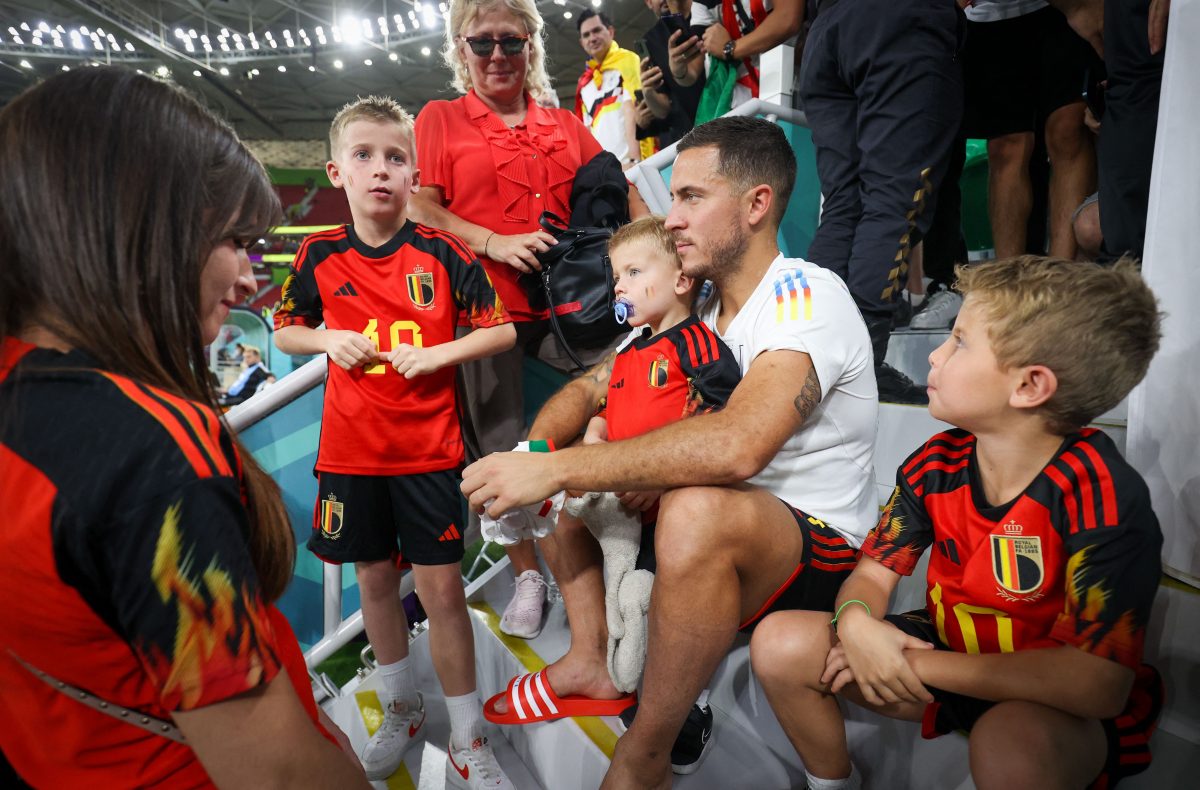 Belgium's Eden Hazard, his wife Natacha and their four children and Eden Hazard's mother Carine pictured after they lost a soccer game between Belgium's national team the Red Devils and Morocco. (Photo by VIRGINIE LEFOUR/BELGA MAG/AFP via Getty Images)