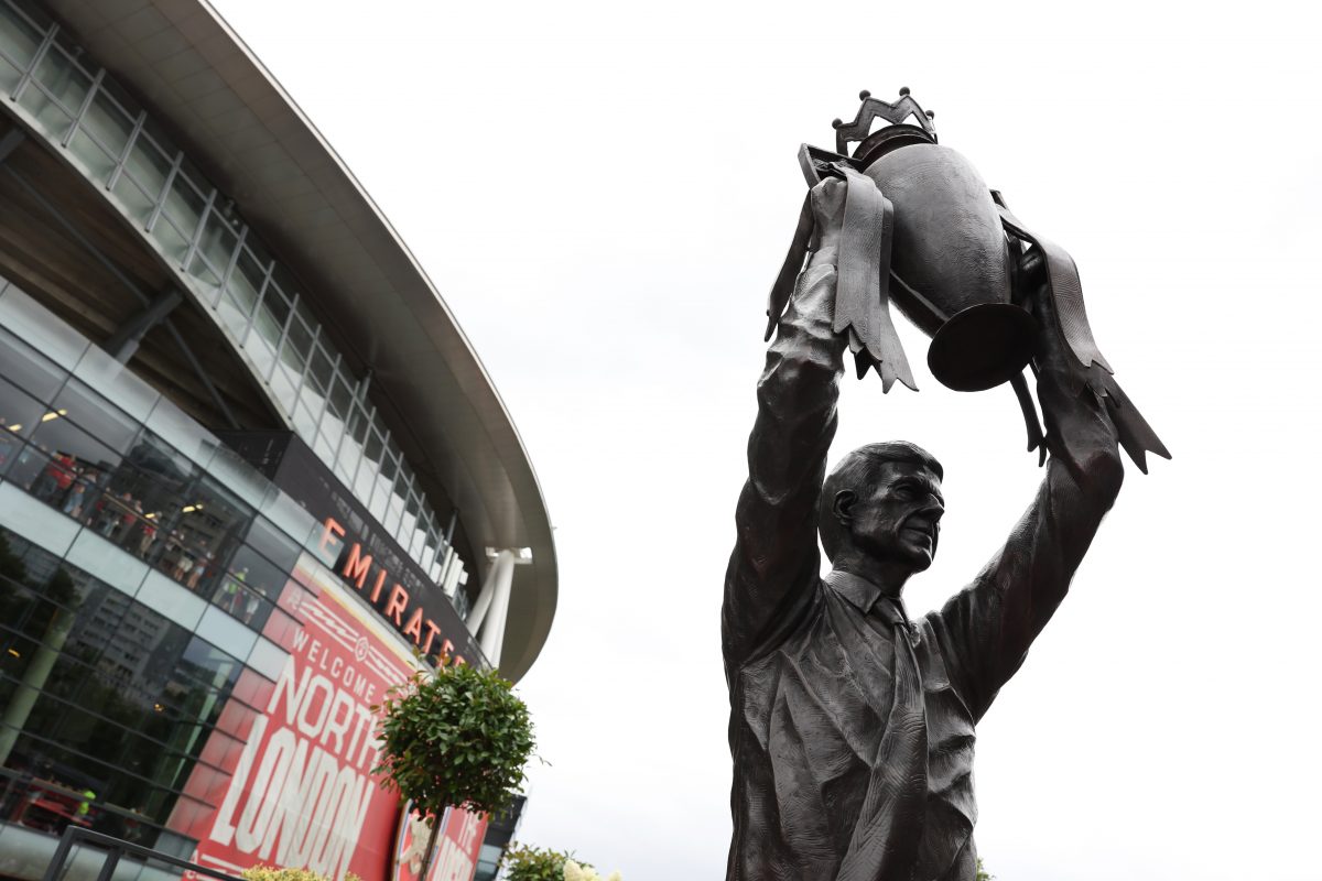 A statue for former Arsenal manager Arsene Wenger, is pictured outside Emirates Stadium. (Photo by Julian Finney/Getty Images)