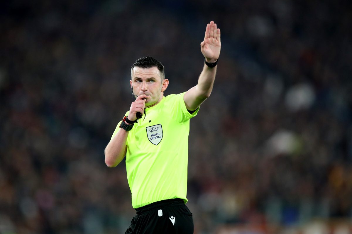 Referee Michael Oliver blows their whistle during the UEFA Europa League semi-final first leg match between AS Roma and Bayer 04 Leverkusen. (Photo by Paolo Bruno/Getty Images)