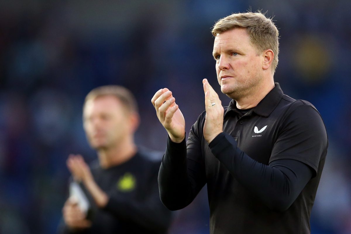 Eddie Howe, Manager of Newcastle United, applauds the fans following the team's loss during the Premier League match between Brighton & Hove Albion and Newcastle United. (Photo by Steve Bardens/Getty Images)