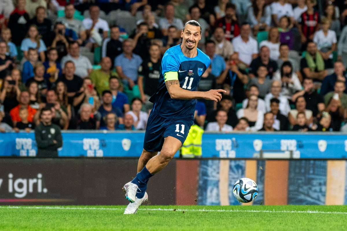 Zlatan Ibrahimovic of Sweden playing on the Blue Team controls the ball during a charity match for the Slovenian flood victims on September 15, 2023 in Ljubljana, Slovenia(Photo by Jurij Kodrun/Getty Images)