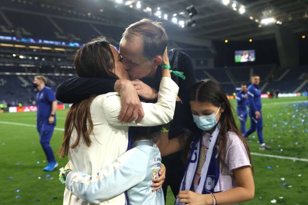 Thomas Tuchel, Manager of Chelsea celebrates victory with wife, Sissi Tuchel. (Photo by Alexander Hassenstein - UEFA/UEFA via Getty Images)