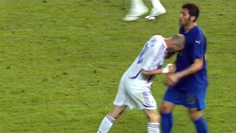 France legend Zinedine Zidane headbutts Italy’s Marco Materazzi in the 2006 World Cup Final. (Credits: Getty Images)