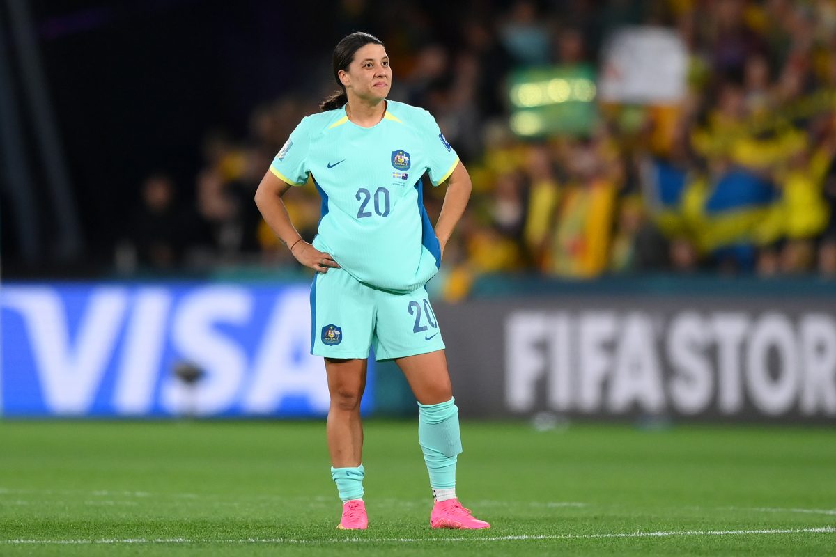 Sam Kerr of Australia shows dejection after the team’s defeat following the FIFA Women's World Cup Australia & New Zealand. (Photo by Justin Setterfield/Getty Images)