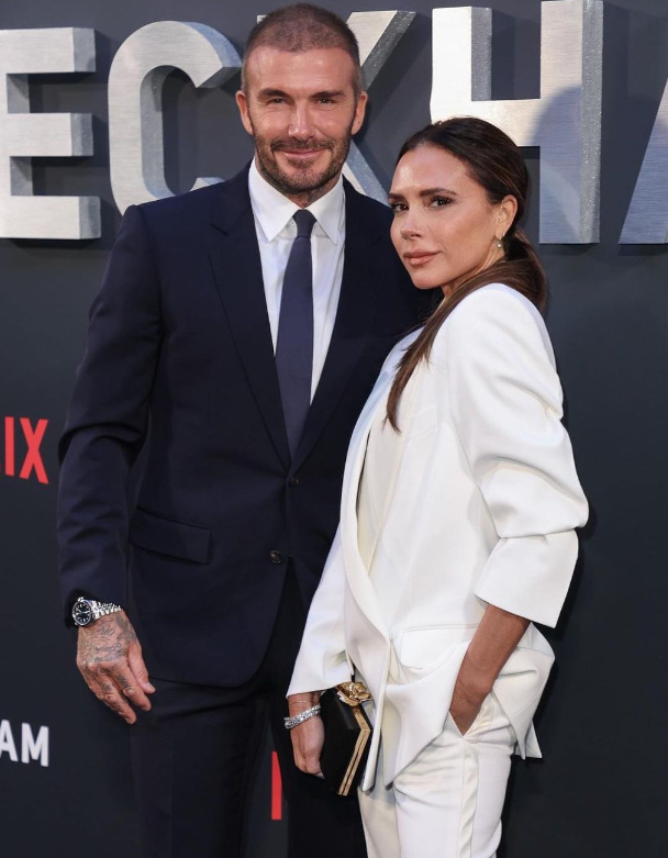 Victoria and David Beckham pose at the premiere of Beckham (Credits: Instagram)