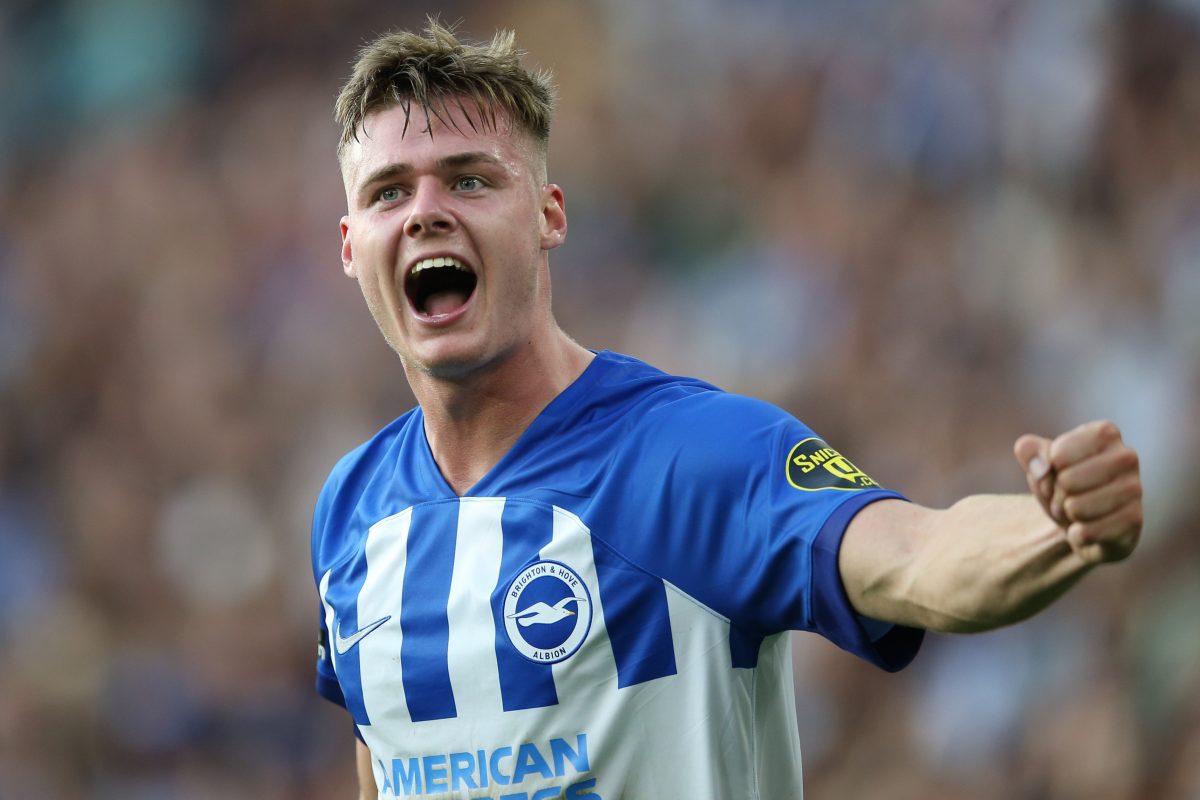 Evan Ferguson of Brighton & Hove Albion celebrates after scoring against Newcastle United. (Photo by Steve Bardens/Getty Images)