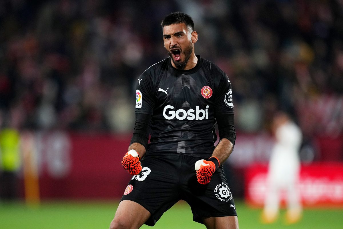 Paulo Gazzaniga of Girona FC celebrates after the team's victory during the LaLiga Santander match between Girona FC and Real Madrid CF. (Photo by Alex Caparros/Getty Images)