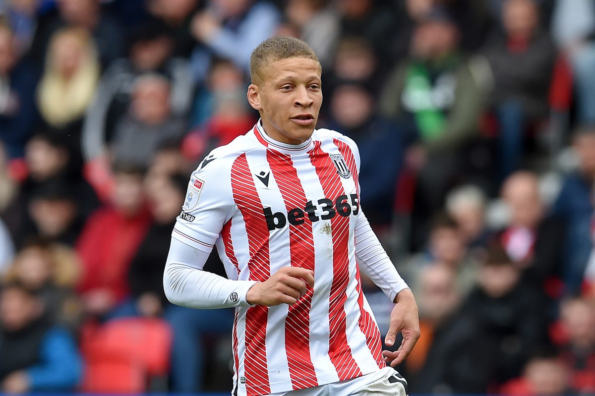 Dwight Gayle of Stoke City reacts during the Sky Bet Championship between Stoke City and West Bromwich Albion. (Photo by Graham Chadwick/Getty Images)
