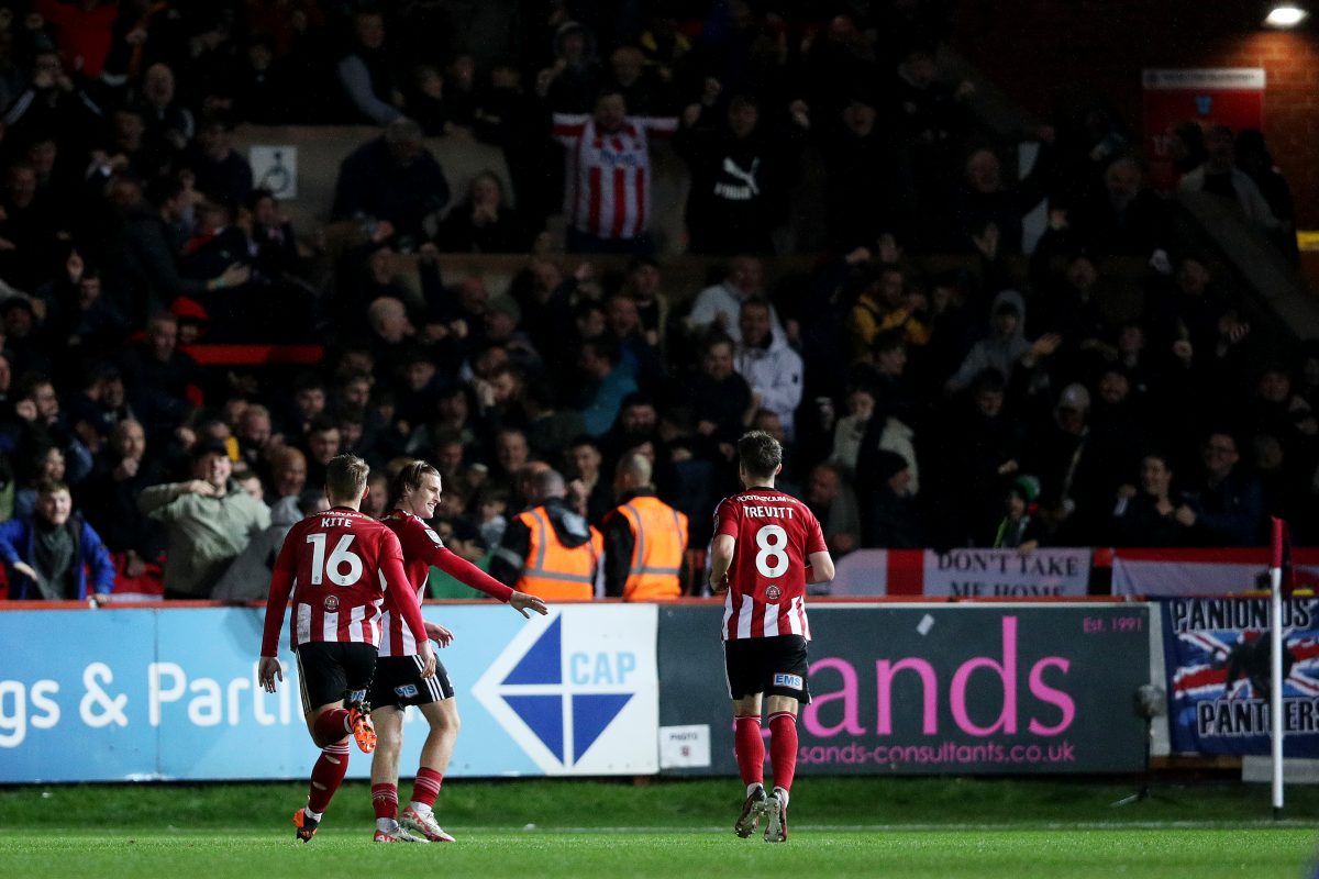 Exeter City celebrates after scoring the team's second goal with teammates during the Carabao Cup Fourth Round match between Exeter City and Middlesbrough. (Photo by Ryan Hiscott/Getty Images)