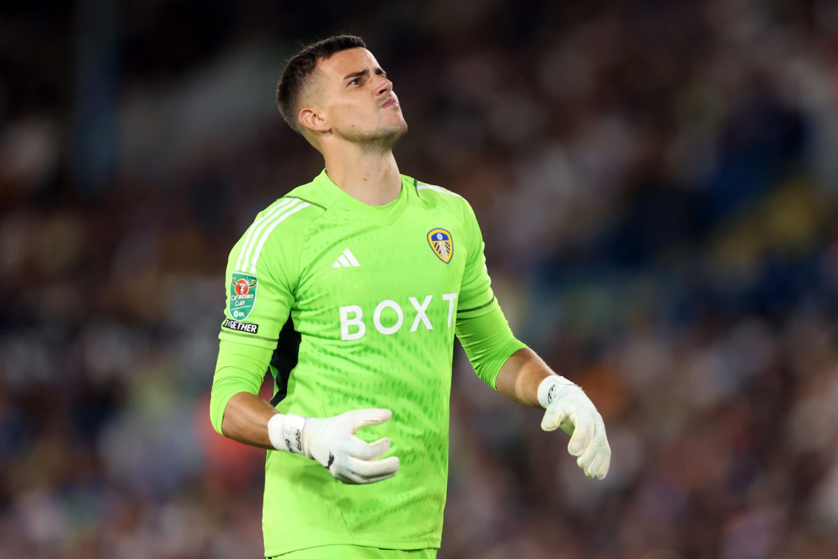 Karl Darlow of Leeds United looks on during the Carabao Cup First Round match between Leeds United and Shrewsbury Town. (Photo by George Wood/Getty Images)