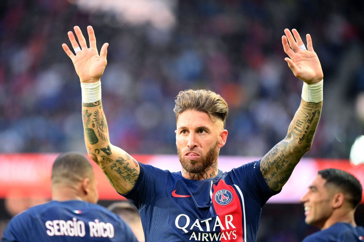 Sergio Ramos celebrates scoring his team's first goal during the French L1 football match between Paris Saint-Germain (PSG) and Clermont Foot 63. (Photo by FRANCK FIFE/AFP via Getty Images)
